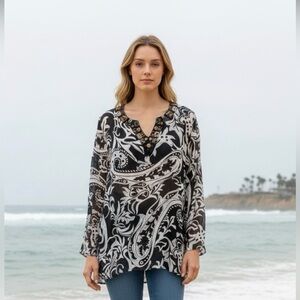 Chicos silk white black paisley Embroidered cover up/ blouse L (2) EUC